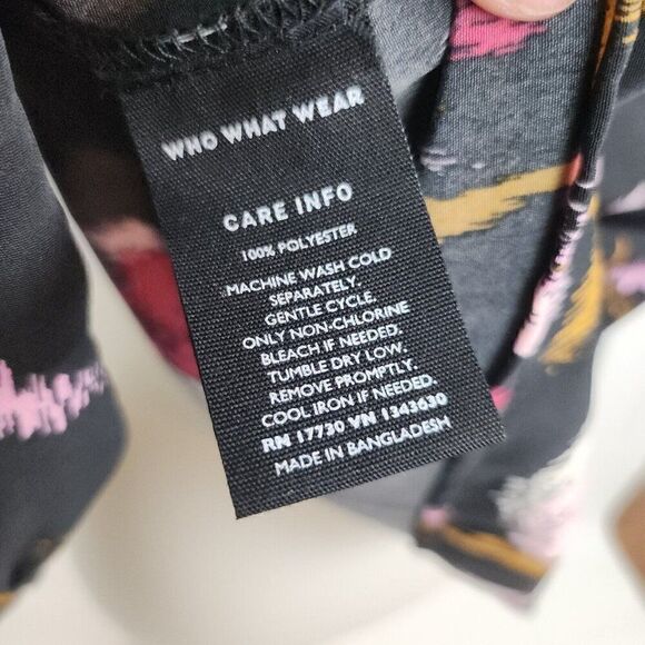 Who What Wear Black Floral High Cuff Tie Neck Button Front Blouse Womens L - Picture 7 of 7